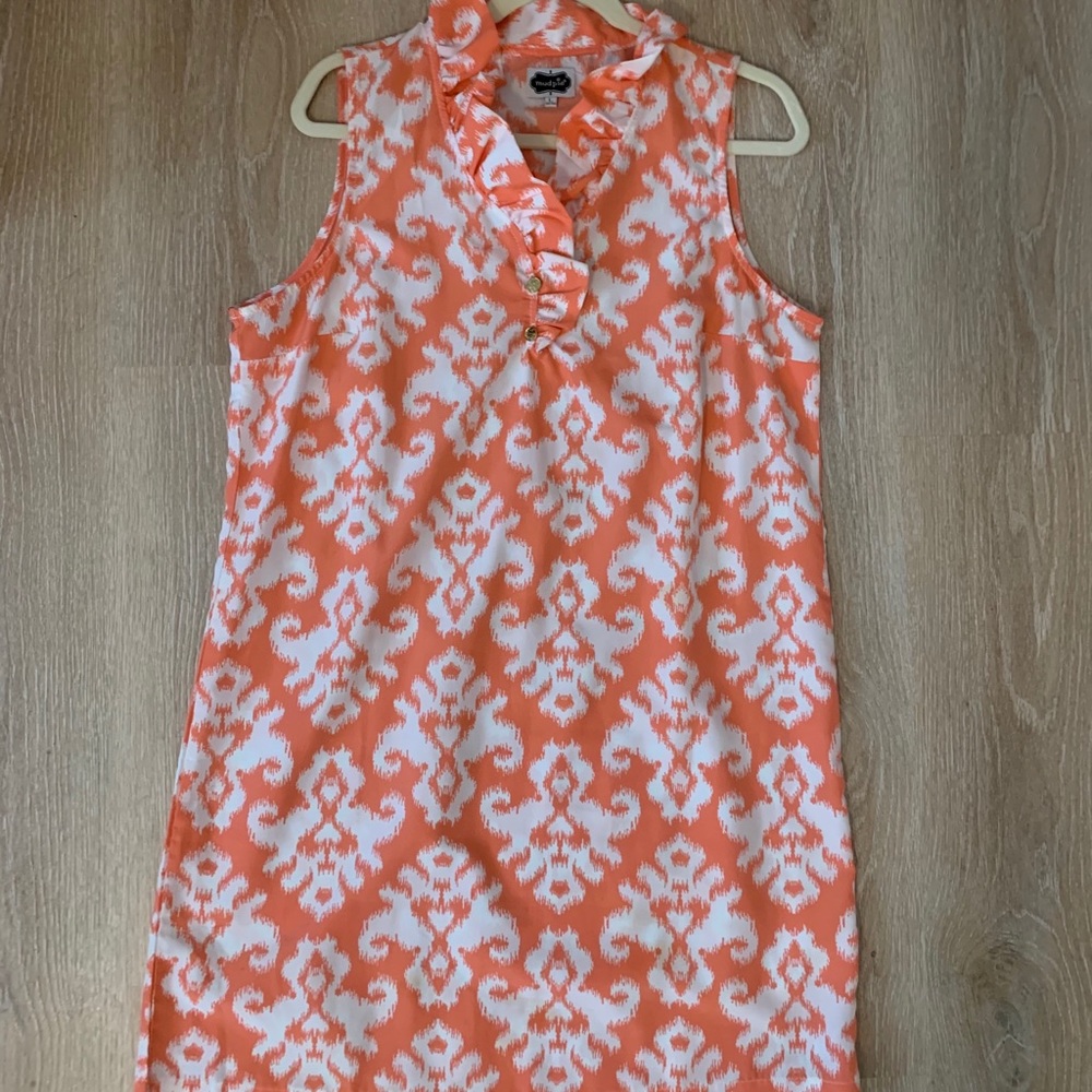 MudPie Shift Dress Damask Ruffle VNeck Sleeveless